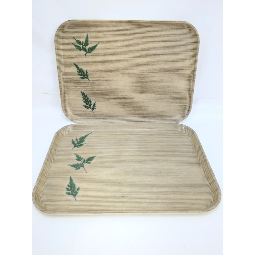 Pair VTG Mid Century Camtray Serving Tray Fern Leaf Pattern Fiberglass Floral
